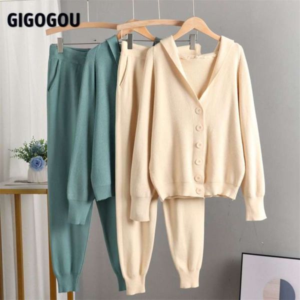 

gigogou autumn two/2 piece set women cardigan sweater tracksuits batwing sleeve hooded cardigan winter harem carrot pants suits 210925, White