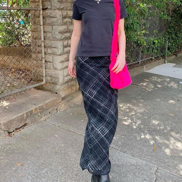 

skirts striped long retro straight high waisted summer women sweet cute party 2021 trendy, Black