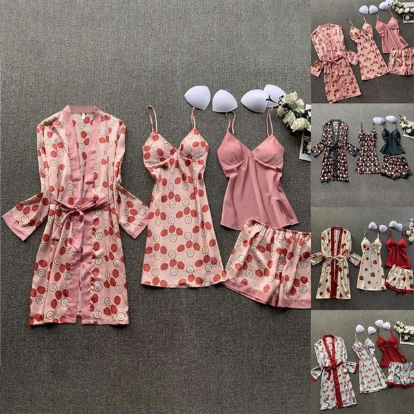 

women's women 4 pieces pajamas sets satin sleepwear silk nightwear pyjama spaghetti strap sleep lounge pijama with chest pads yipv, Black;red