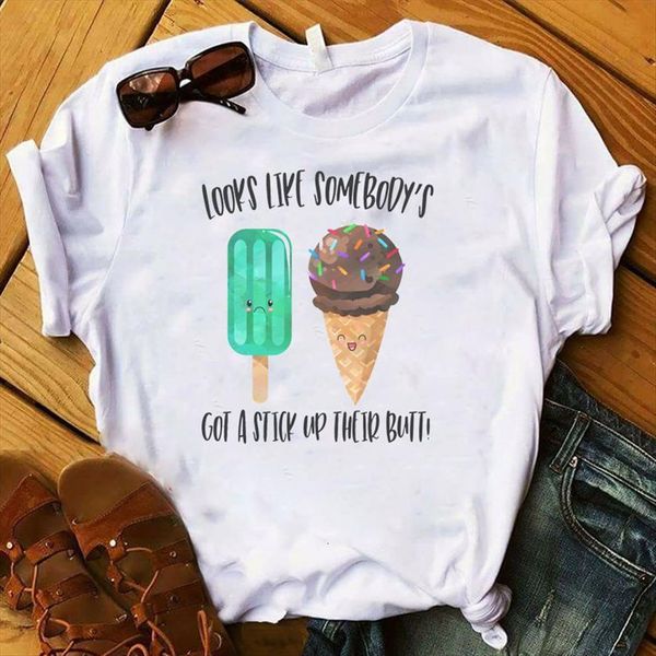 

ice cream printed womens short sleeve loose tee clothes graphic, White