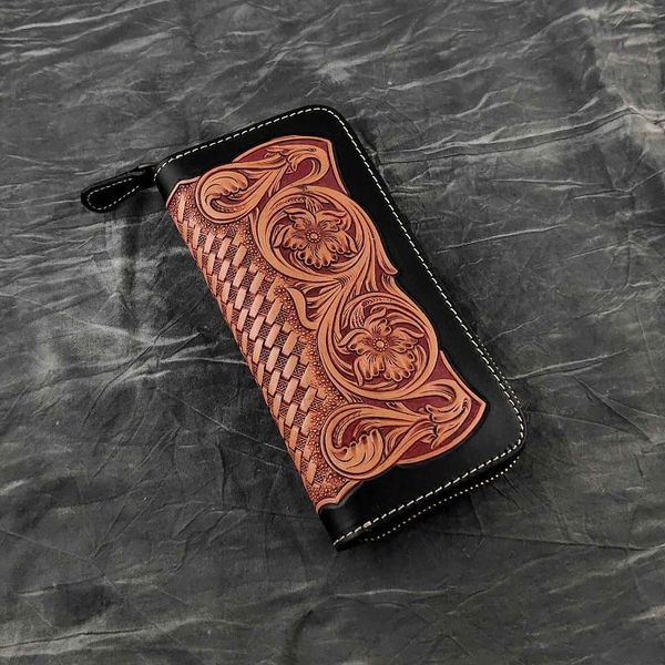 

wallets handmade ccowhide leather ccarving men women japanese long purse, Red;black