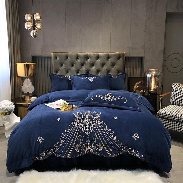 

bedding sets blue red pink gray warm soft double sided velvet fleece gold sheet embroidery pillowcases set  cover duvet bed king