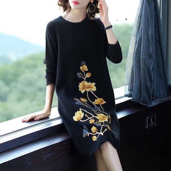 

casual dresses autumn winter women long sleeve loose knitted sweater dress , fall woman 4xl knit slim elegant pullover, Black;gray