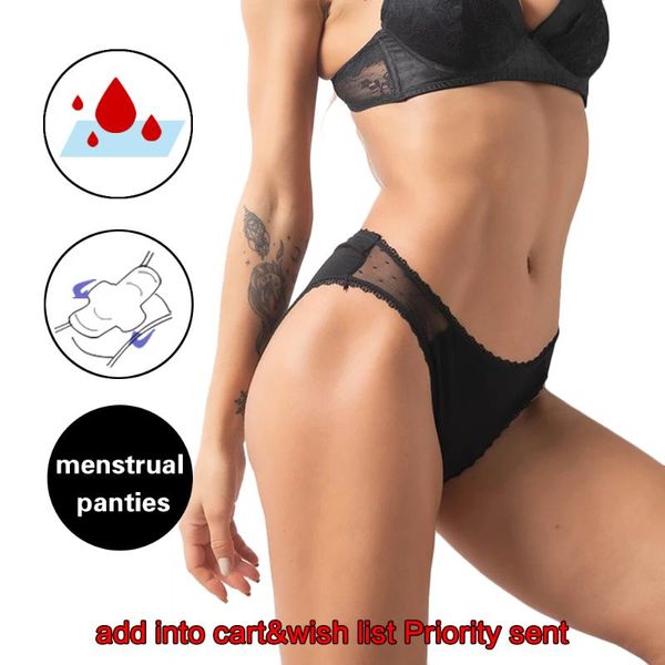 

women's panties menstrual lace leakproof 4-layer fast absorbent bamboo underwear plus size lingerie, Black;pink