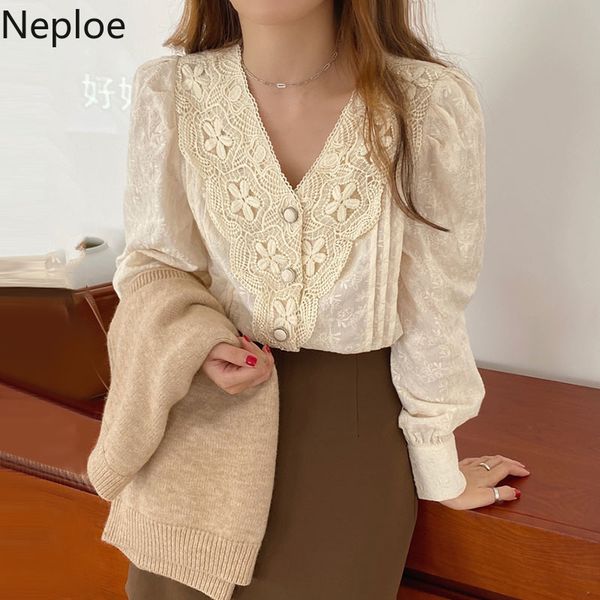 Neploe Vintage Lace Crochet Flor Blusas Mulheres Sexy V-Pescoço Único Camisas Breasted Tops Doce Sleeve Sleeve Blusa Elegante 4G904 210422