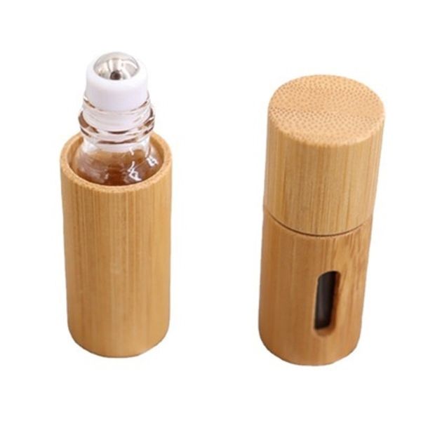 

5ml 10ml full natural bamboo essential oil roller-ball bottle carved window clear glass roll on perfume bottles stainless steel rollers ball