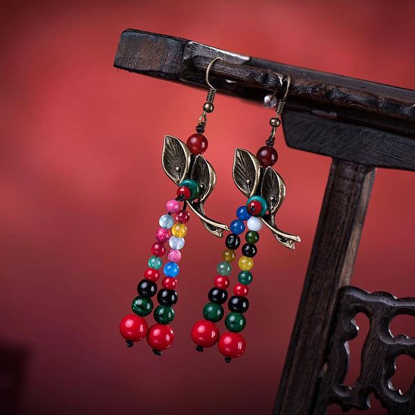 

vintage style leaf beaded semi-precious stone earrings bronze alloy hand-woven gentle ladies jewelry gifts dangle & chandelier, Silver
