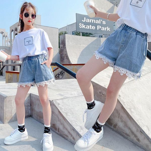 

lovely 2021 summer teen girl lace tassel shorts denim fashion casual style children cotton jeans elegant, Black