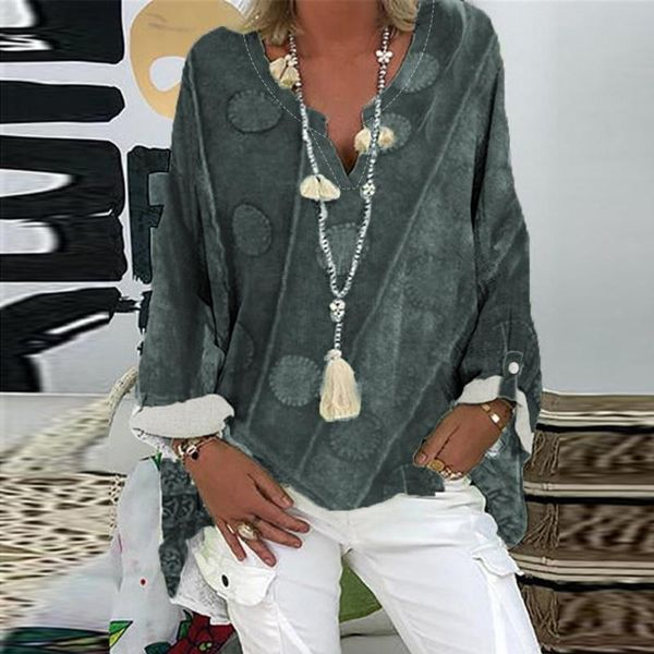 

women's blouses & shirts plus size women dot blouse vintage long sleeve print loose v-neck shirt retro causal blusas 2021, White