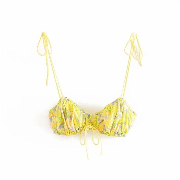 

yellow summer sling short women cami fashion floral print bow lace up elastic bust camis brassiere femme streetwear, White