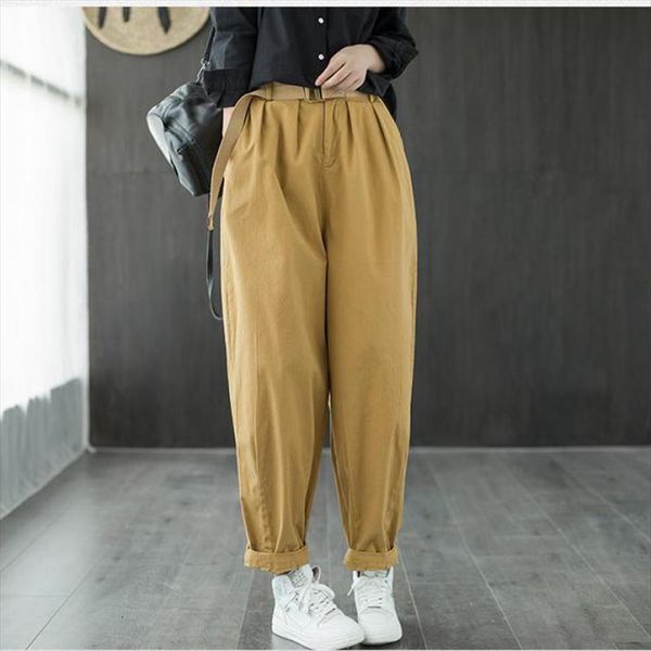 

autumn full length retro womens pant elastic waist harem loose leisure solid color pockets all match women, Black;white