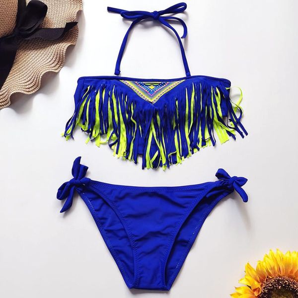 

5-12 years girl swimsuit kids tassel young bikini set halter bathing suit two piece children's swimwear beachwear one-piece suits