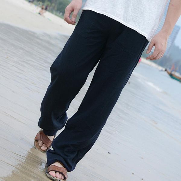 

men's trousers 2021 summer cotton and linen men loose casual pants straight oversize beach elastic waist army green khaki, Black