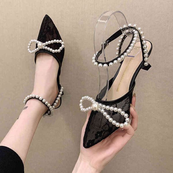 

dress shoes rimocy 2021 elegant bow pearl pumps women mesh cross strap party woman black white pointed toe stiletto heels i0r