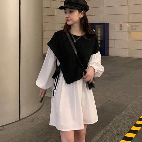 

ladies irregular stitching design dress autumn winter korean style slim long-sleeved round neck black casual dresses, Black;gray