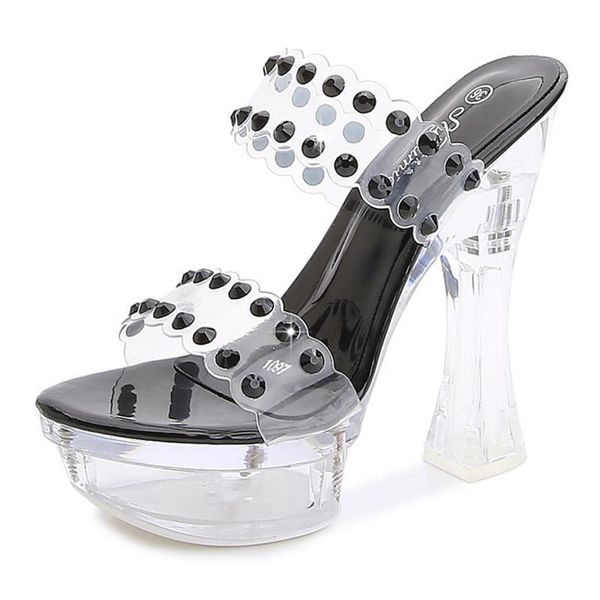

fashion luxury rhinestone sandals causal flip flops beach shoes for women plus size 43 summer square high heel slippers, Black