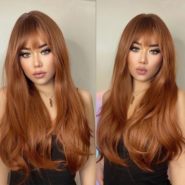 

synthetic wigs henry margu ombre red brown copper ginger long wig for women natural wave with bangs heat resistant cosplay hair, Black