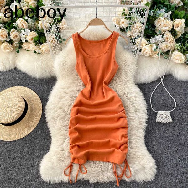 Casual Sommer Frauen Kleid Solide O-ansatz Ärmel Kordelzug Geraffte Mini, Figurbetontes Kleid Casual Streetwear Rippenstrickkleid 210715