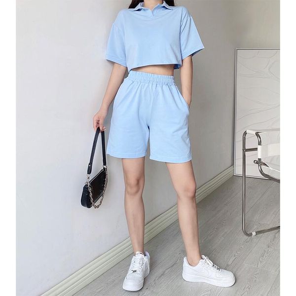 

women's tracksuits european and american street girl sports suit collar loose umbilical short-sleeved t-shirt high waist shorts two-pie, Gray