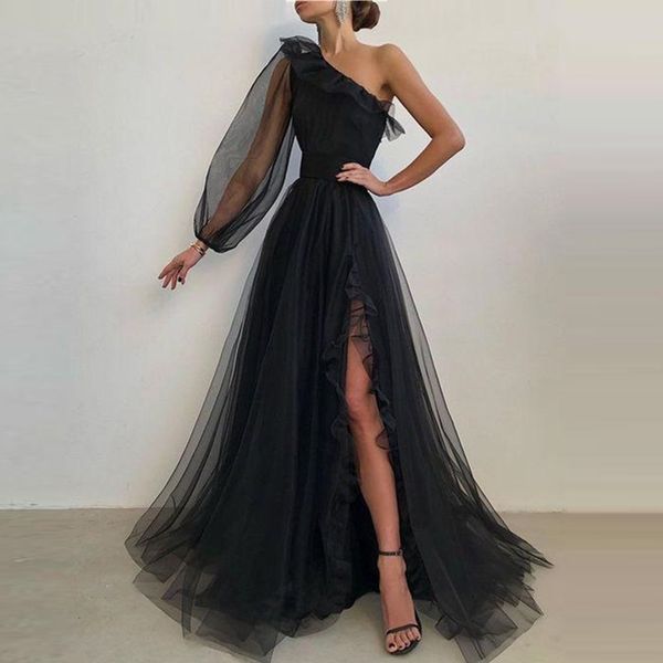 

tulle black side split prom dresses one shoulder long sleeve bodice ruffles floor length skirt evening gowns