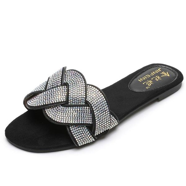

slippers big size 2021 summer women bohemia crystal knit flats female outside slides ladies casual beach, Black
