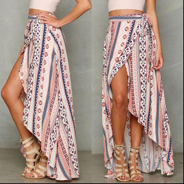 

women skirt boho asymmetric slit long summer high waist floral print beach skirts ladies casual party clubwear, Black