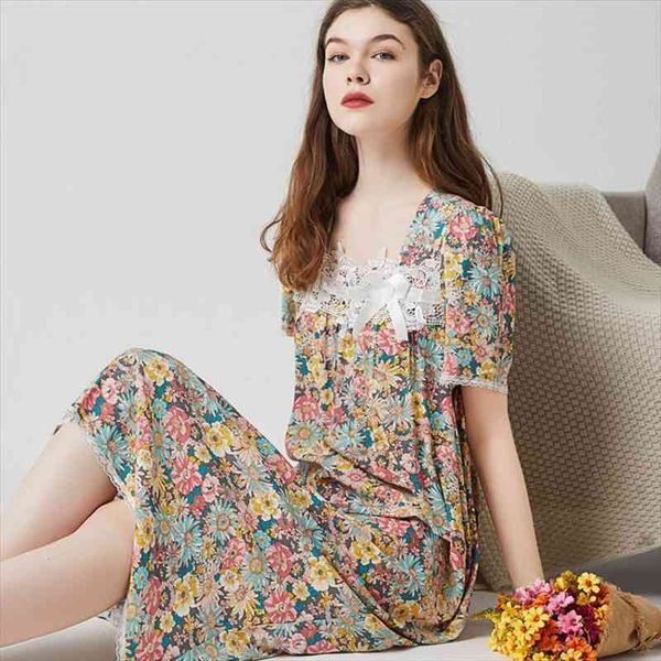 

summer sleepdress cotton nightgown women sleepwear sleepshirts short sleeve homewear floral lace long dressing gown casual nightdress lady, Black;red