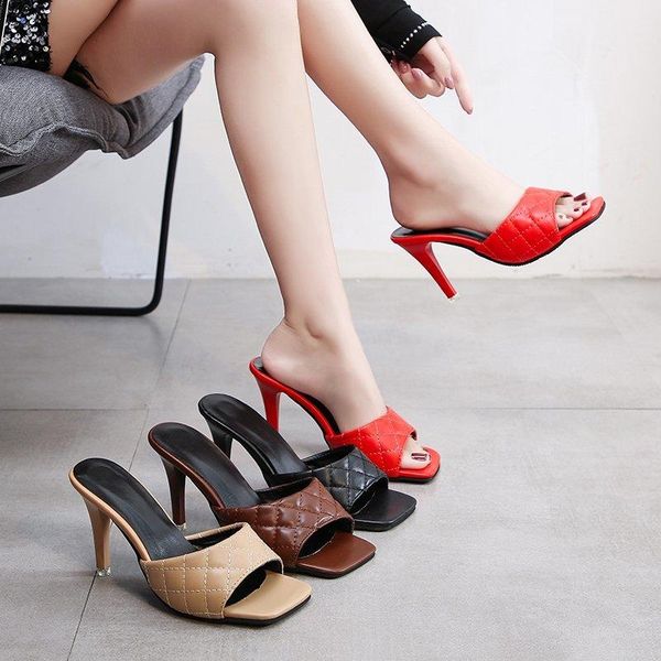 

thin high heels ladies shoes summer wave slippers women woman mules solid leather casual slides plus size, Black