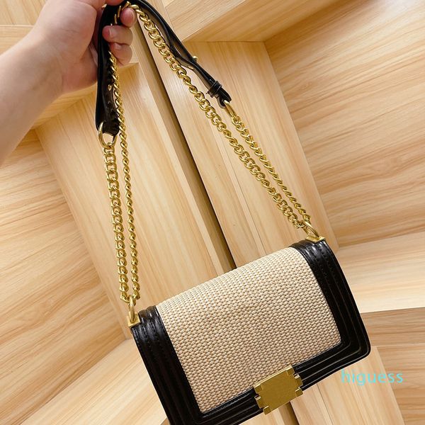 Designer-Damen-Umhängetasche aus Stroh, modische Handtaschen aus Leinen, mit Strickklappe und goldenem Verschluss