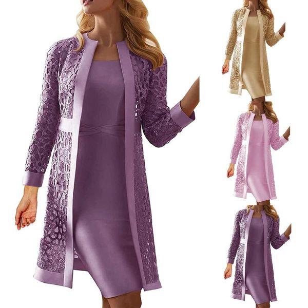 

women's two piece pants solid hollowed out dress long sleeve cardigan square neck sleeveless set women #8, White