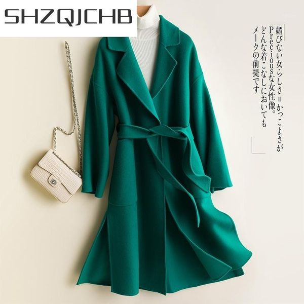 

womens coats winter 100% wool yellow coat female sided woolen jackets autumn spring clothes elegant belt overcoat lwl women's & blends, Black