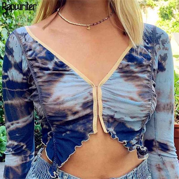 Tie Dye Ruffles Borda Design Crop Tops Womens T-Shirts Sexy Profunda V-Pescoço Metal Botão Up Wild Harajuku Manga Longa T-shirt 210510