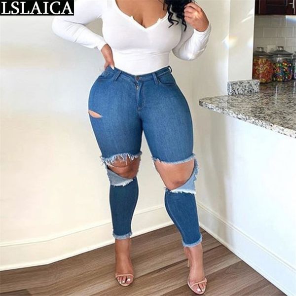

plus size denim pants for women mid waist fashion hole jeans solid skinny ladies pencil casual long trousers streetwear 210515, Black;white