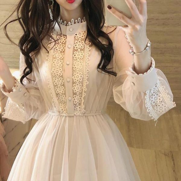 

brand stand collar long sleeve womens dresses transparent high waist layered sweetheart cake dress sweet midi lace vestidos, Black;gray
