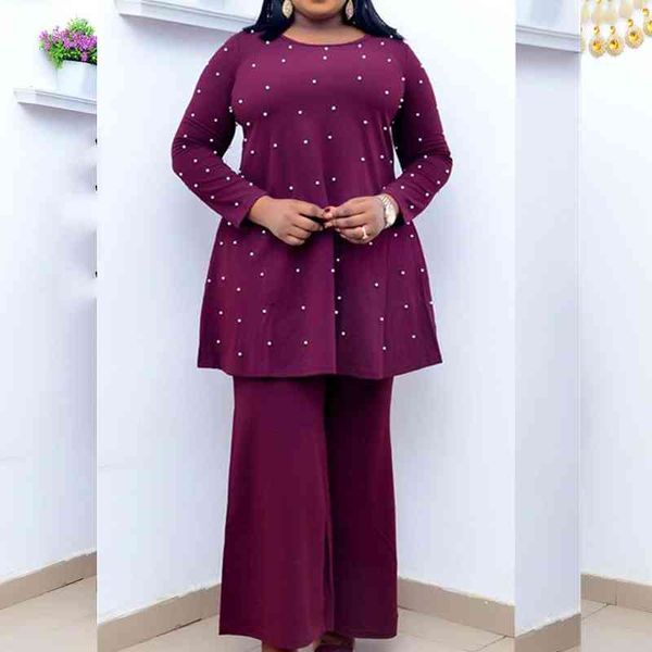 

women two pieces set loose o neck long sleeves with beading elastic waist wide leg pants african fashion female casual 210416, White