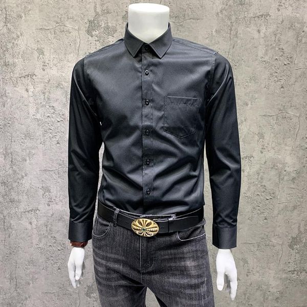 

men's casual shirts 2021 fashion cotton long sleeve shirt solid slim fit male social business dress, White;black
