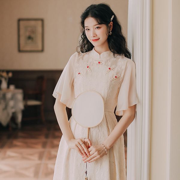 

luxury cheongsam elegant romantic improved national qipao women's 2021 summer literature and art gentle style drs 9802#, Blue;red