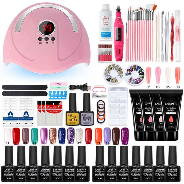 

lnwpyh manicure with led lamp polygels kit 20000rpm drill machine 14/6 colors poly extension nail gel set
