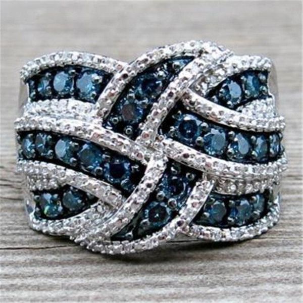 

wedding rings 2021 luxury big silver with dark blue cz zircon stone for women fashion engagement statement ring gifts, Slivery;golden