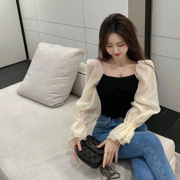 

women's t-shirt square collar 2021 spring short bubble long sleeve slim fit, White