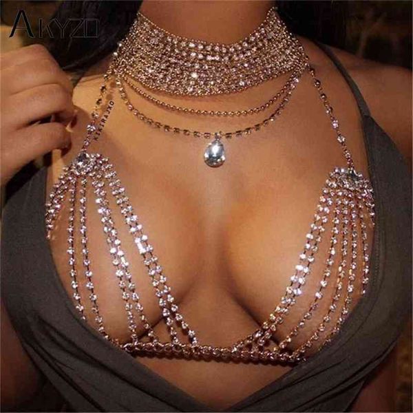 Akyzo lantejoulas cadeia de strass Câmeras Crop Top Mulheres Luxo Sparkly Diamond Diamond Party Tank Tank Bralette Top 210401