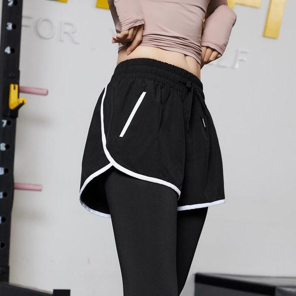 

yoga outfit color contrast fake two-piece zipper pocket high waist tight hip lifting fitness suit