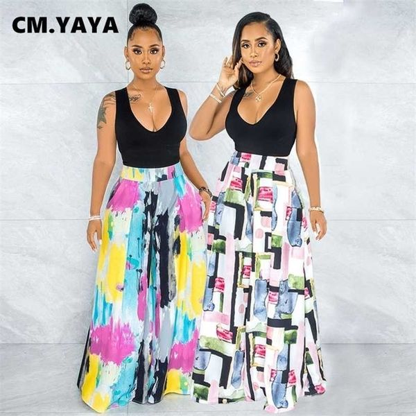 CM.YAYA Summer Women Pants Vita media Lunghezza intera Gamba larga Pantaloni larghi Tasche Casual Street Tie Dye Print 211115