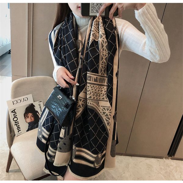 

paris iron tower imitation cashmere women's scarf plaid korean shawl decoration dual-purpose bib, Blue;gray