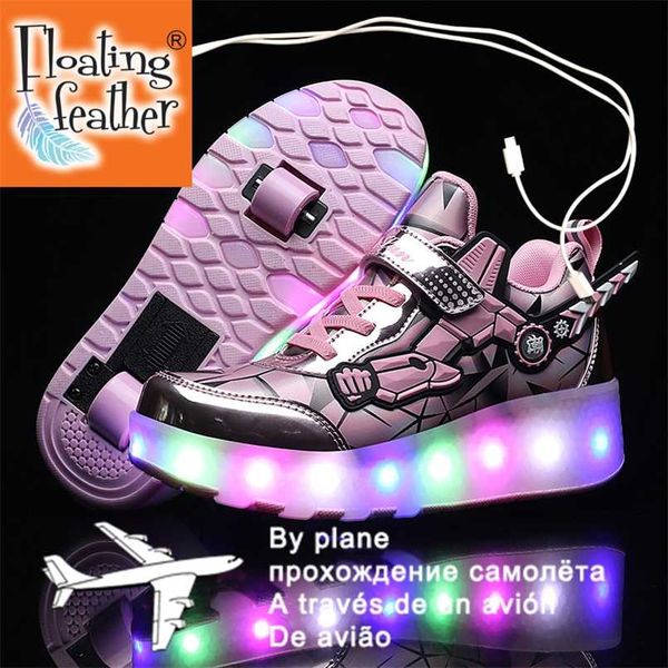 

pink usb charging fashion girls boys led light roller skate shoes for children kids sneakers with wheels two wheels 211022, Black