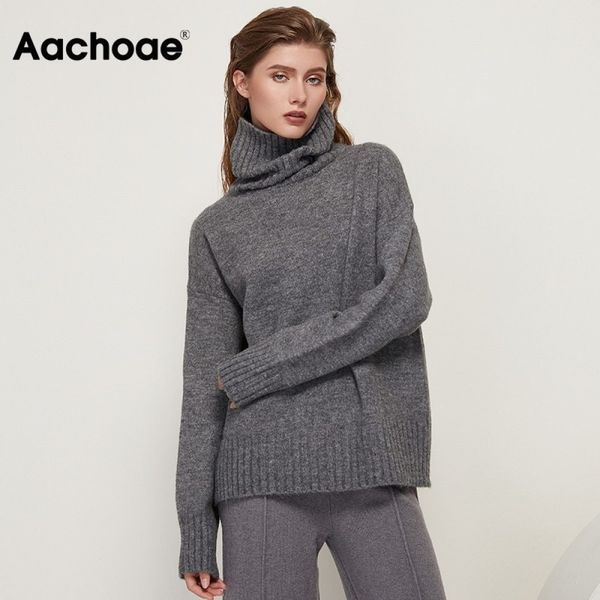 

aachoae elegant solid knitted two piece set women turtleneck batwing long sleeve loose sweater full length casual wide leg pants 210413, White