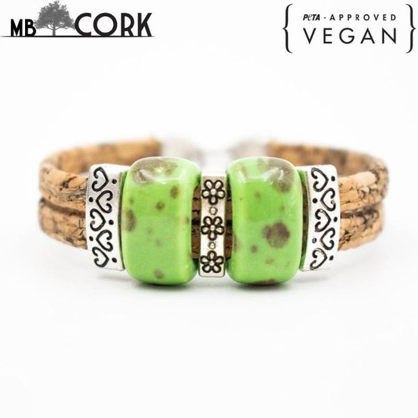 

mixed color cork bracelet with green ceramic beads women natural original handmade wood jewelry brw-012-c-1 bangle, Black