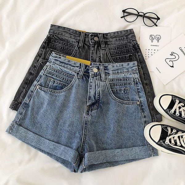 

summer women denim shorts curling female casual rolled high waist women's, White;black