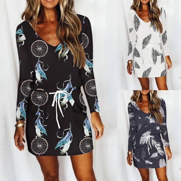 

casual dresses for women 2021 vestidos autumn long sleeves v-neck feather prints waist drawstring mini dress sukienki damskie, Black;gray