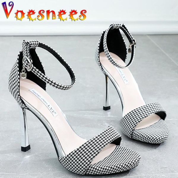 

dress shoes rhinestone decoration summer women gingham cutout thin high heels walk show fashion office lady sandals, Black